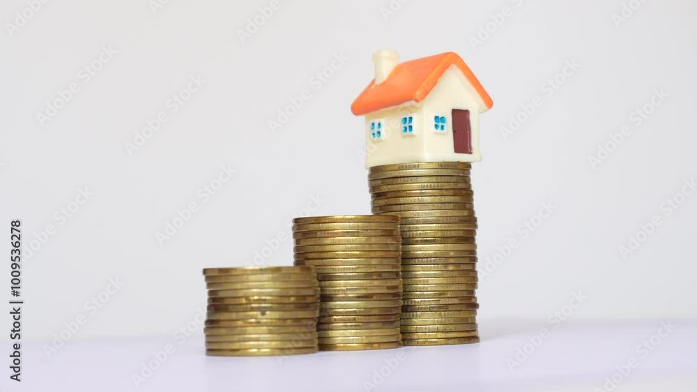 Spin video of a colorful toy house figure standing on top of a pile of coins on neutral background. Spin video of a colorful toy house figure standing on top of a pile of coins on neutral background.