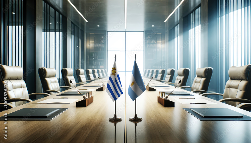 A modern conference room with Uruguay and Argentina flags on a long table, symbolizing a bilateral meeting or diplomatic discussions between the two nations. A modern conference room with Uruguay and Argentina flags on a long table, symbolizing a bilateral meeting or diplomatic discussions between the two nations.