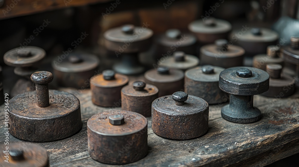 Rustic weights arranged on a wooden table, showcasing vintage craftsmanship and industrial charm in a serene workshop setting. Rustic weights arranged on a wooden table, showcasing vintage craftsmanship and industrial charm in a serene workshop setting.