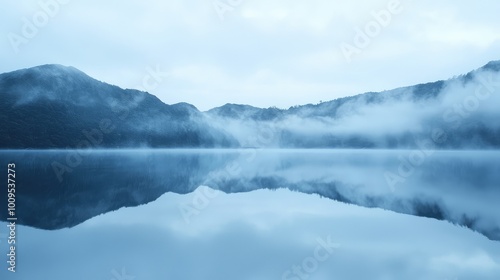 Serene lake landscape with misty mountains reflecting on calm water, capturing the tranquility of nature in cool blue tones.