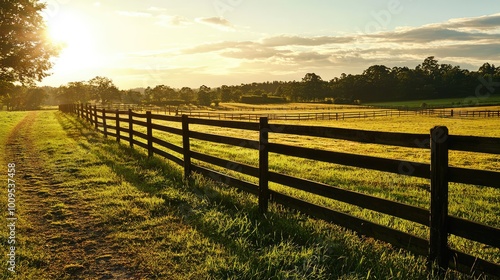 Serene landscape featuring a wooden fence and a golden sunrise, perfect for evoking calmness and tranquility in rural settings.