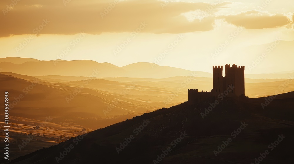 Obraz premium Silhouette of a majestic castle at sunset, set against rolling hills and a dramatic sky, evoking mystery and historical grandeur.