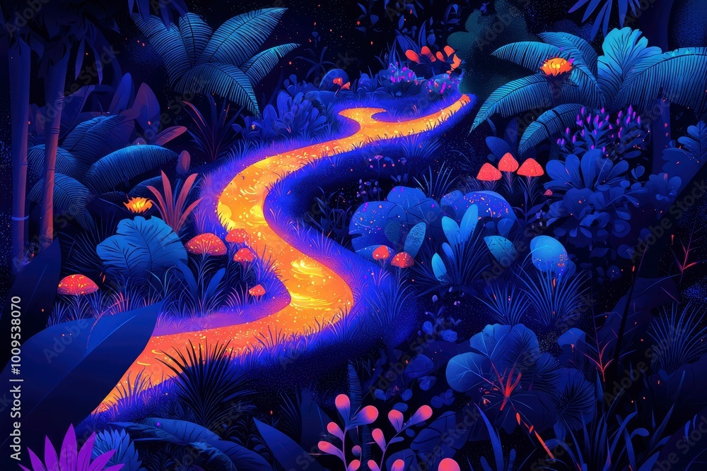Obraz premium A Glowing Path Through a Dark and Mysterious Forest