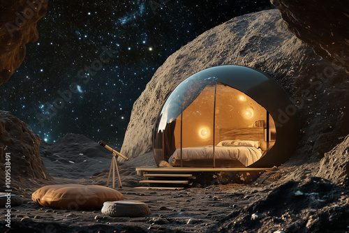 A bubble-like glass pod in a massive rock with a a telescope on a viewing deck and an alien galaxy. Outer space home with a bed and lights.