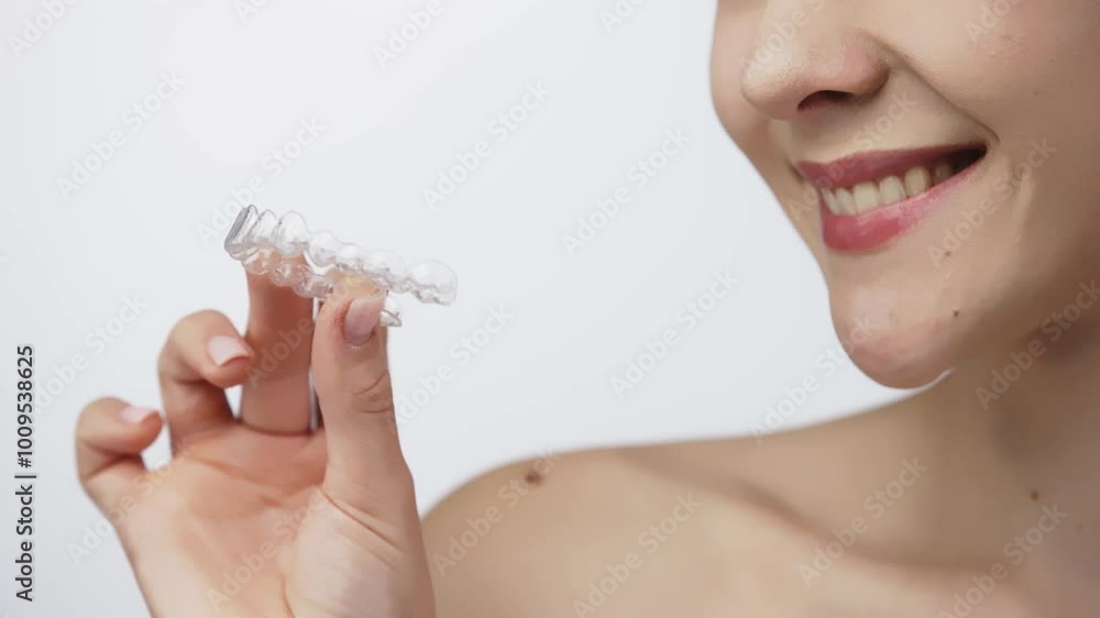 A woman uses an orthodontic silicone trainer for teeth correction. This mobile device highlights modern dental care methods and whitening systems, promoting a healthy and radiant smile. A woman uses an orthodontic silicone trainer for teeth correction. This mobile device highlights modern dental care methods and whitening systems, promoting a healthy and radiant smile.