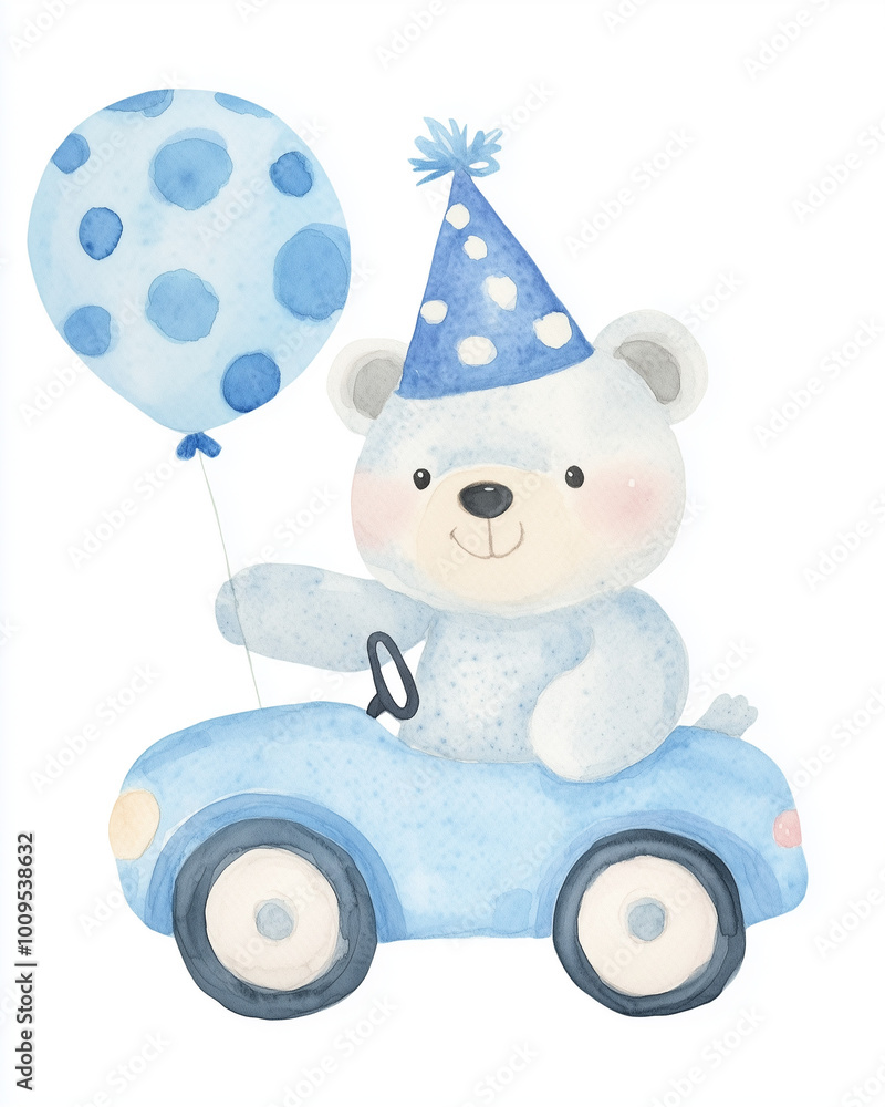 Watercolor teddy bear with a balloon in blue shades, can be used for baby shower or cards
Watercolor teddy bear with a balloon in blue shades, can be used for baby shower or cards