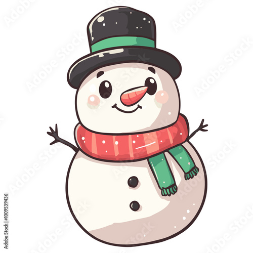 A cheerful cartoon snowman wearing a black hat and colorful scarf stands with arms outstretched