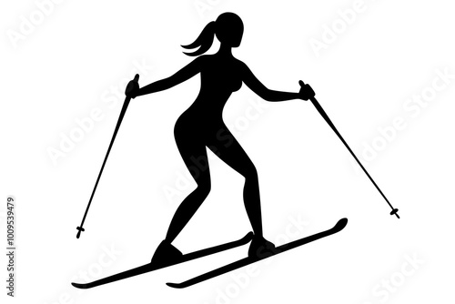 One woman skiing | vector silhouette illustration on white background