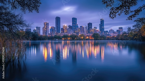 Stunning urban skyline reflected in a calm lake at dusk, featuring vibrant lights and serene nature surroundings.