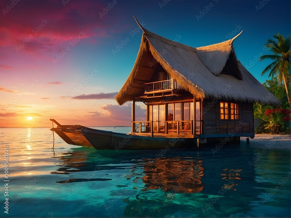 Fototapeta premium Experience the Serenity of a Tropical Beachfront Bungalow at Stunning Sunset Hours