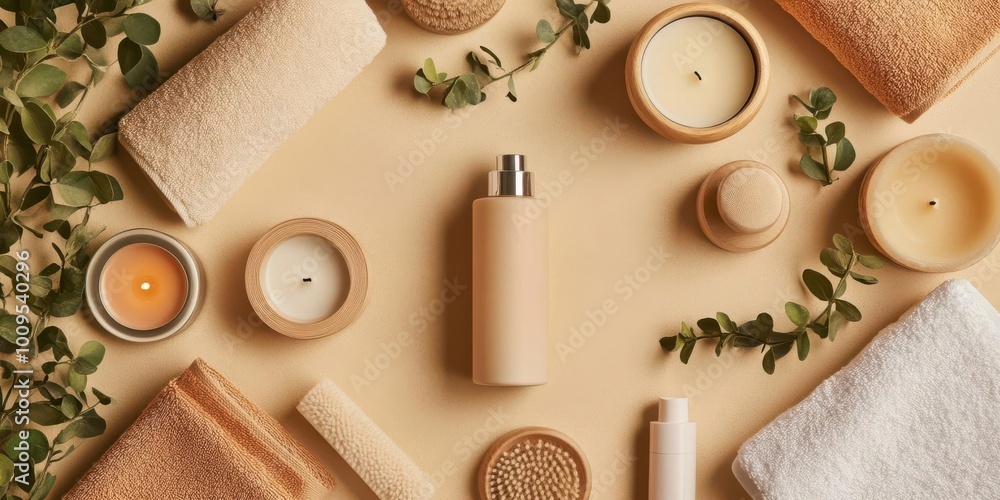 A serene arrangement of spa items, including candles, towels, and skincare products. A serene arrangement of spa items, including candles, towels, and skincare products.