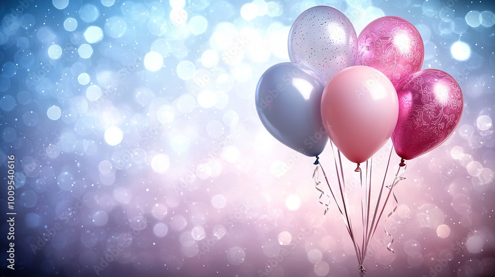 A group of balloons drifting skyward against a soft blue-pink gradient backdrop, featuring a hazy boke effect A group of balloons drifting skyward against a soft blue-pink gradient backdrop, featuring a hazy boke effect