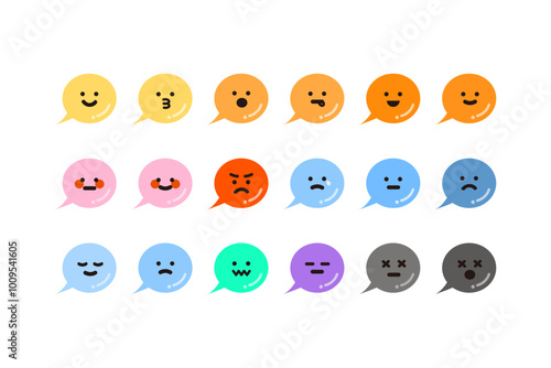 Happy, sad, angry, shy, tired, sick emoji face emoticon set. Emoji speech bubble with different mood. Feeling, emotion, facial expression concept. Flat character vector design isolated illustration.