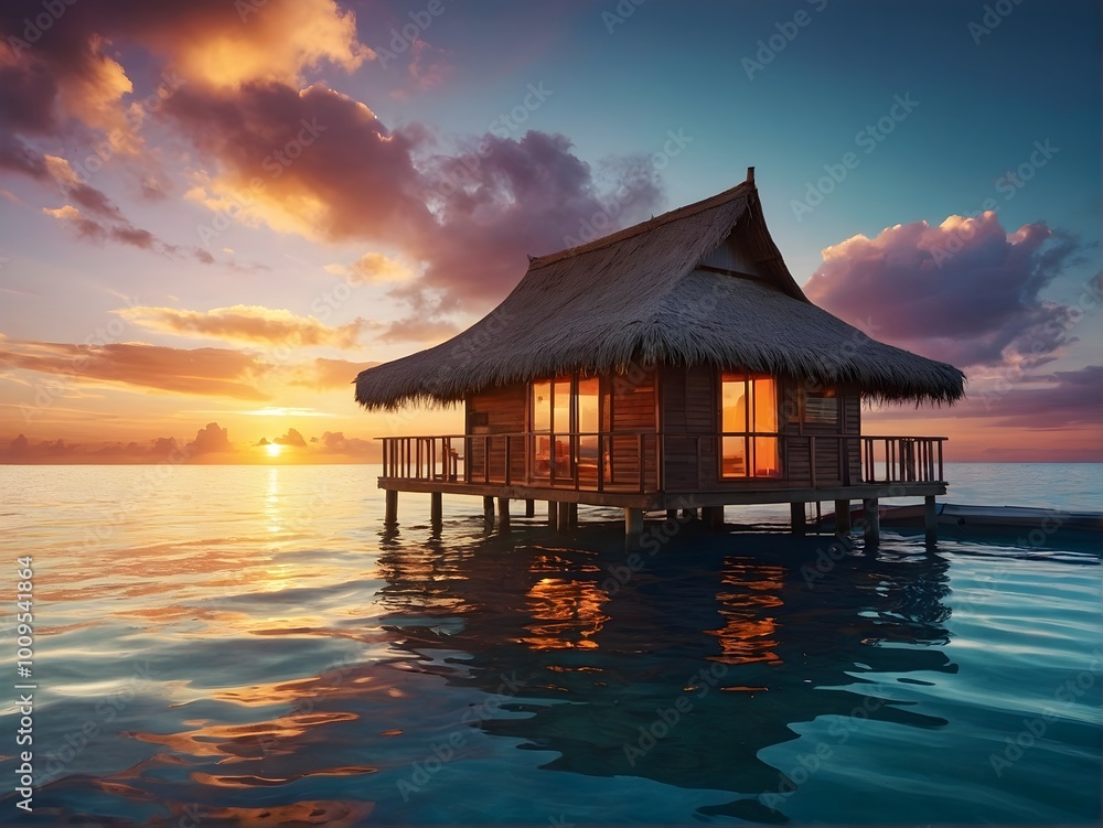 Experience the Serenity of a Tropical Beachfront Bungalow at Stunning Sunset Hours Experience the Serenity of a Tropical Beachfront Bungalow at Stunning Sunset Hours