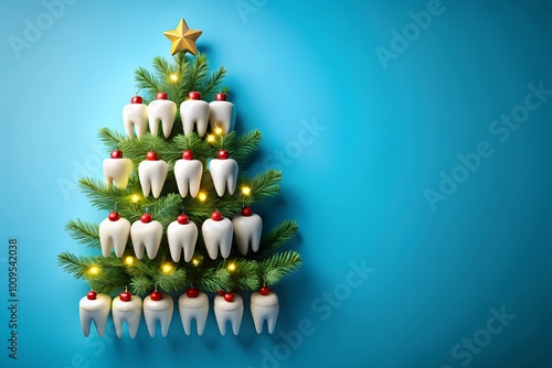 Christmas tree made of white teeth ornaments with red tops on pine branches against a blue background. A fun and unique design blending dental care with festive Christmas themes. photo