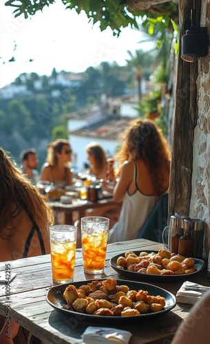 Fototapeta Naklejka Na Ścianę i Meble -  Close-up of food and drinks on a terrace in a Mediterranean town, with blurred people in the background. Sunny day, blue sky, rustic and relaxed atmosphere.