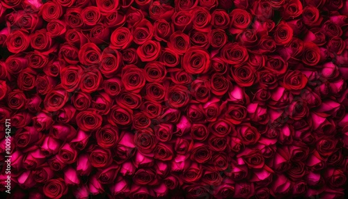 Elegant arrangement of red roses and petals on a dark textured surface