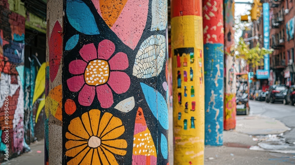 Fototapeta premium Vibrant street art decorating urban pillars with colorful flowers and patterns, showcasing creativity in an urban landscape.