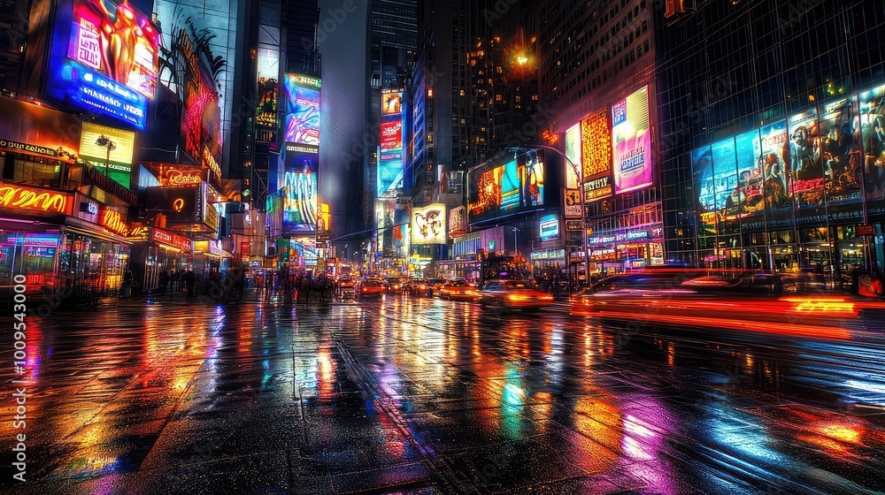 Vibrant Times Square at night, showcasing illuminated billboards, wet streets, and bustling city life reflected in the surroundings. Vibrant Times Square at night, showcasing illuminated billboards, wet streets, and bustling city life reflected in the surroundings.