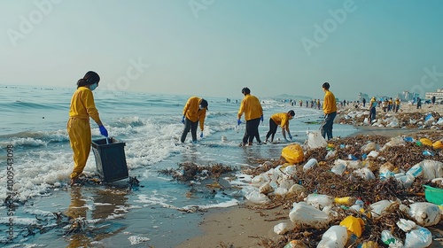 Volunteers clean a beach, collecting plastic waste and debris to protect marine life and promote environmental awareness. photo