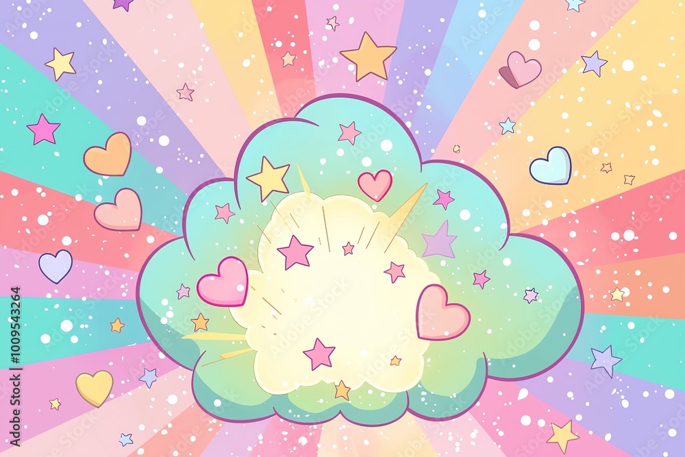 Pastel cloud bursting with colorful hearts, stars and rainbow rays in kawaii pop art style. Joyful design perfect for childrens decor, event invitations or social media graphics. Pastel cloud bursting with colorful hearts, stars and rainbow rays in kawaii pop art style. Joyful design perfect for childrens decor, event invitations or social media graphics.