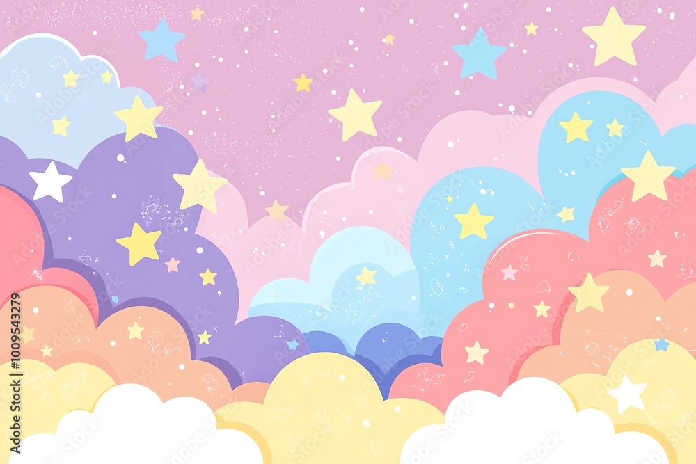 Pastel clouds and bright stars on sky in pink, blue and purple tones. Ideal for childrens decor, social media graphics or backgrounds. Pastel clouds and bright stars on sky in pink, blue and purple tones. Ideal for childrens decor, social media graphics or backgrounds.