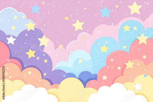 Pastel clouds and bright stars on sky in pink, blue and purple tones. Ideal for childrens decor, social media graphics or backgrounds.