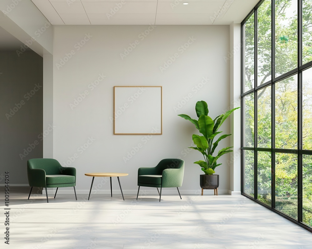 Fototapeta premium Minimalist bank workspace with sleek furniture, digital collaboration screens, and ergonomic seating, Modernist, bright tones, crisp focus