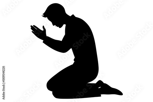 Man praying and praising God on knees | vector silhouette illustration on white background