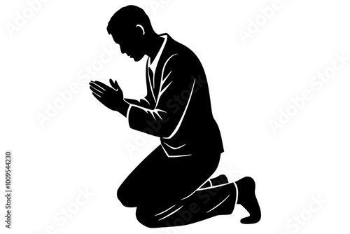 Man praying and praising God on knees | vector silhouette illustration on white background