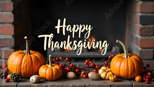 Wooden background with beautiful thanksgiving decor. Autumn Pumpkin Leaf and Fruit Border of happy thanksgiving day text photo