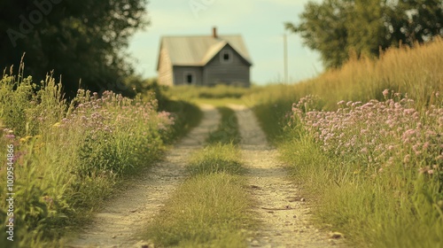 A serene dirt path leading to a rustic house surrounded by wildflowers and greenery.