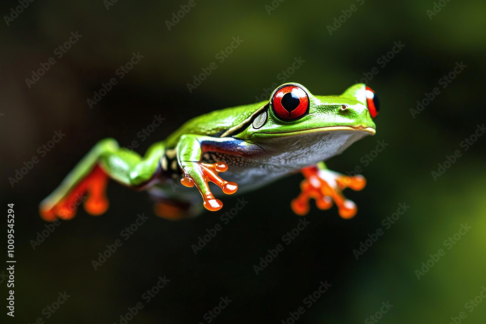 Naklejka premium a red-eyed tree frog in mid-leap, captured against a dark background