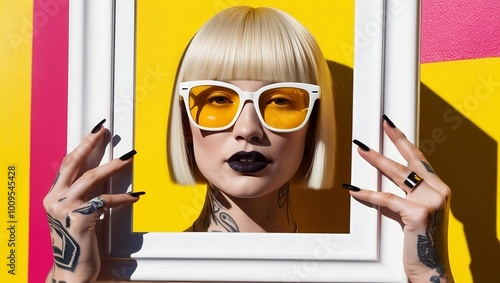 Beautiful Blonde Woman Holding Frame Headshot Yellow Background 