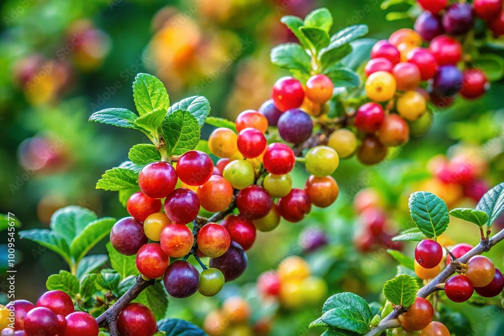 Vibrant and Colorful Josta Berries Growing on the Bush in a Lush Green Garden Setting Vibrant and Colorful Josta Berries Growing on the Bush in a Lush Green Garden Setting