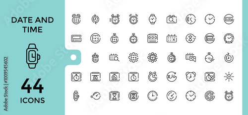Time and Time clock line icon set, management, calendar, timer, speed, alarm, restore, minimal symbols for web and mobile phone - editable stroke pixel perfect vector illustration.