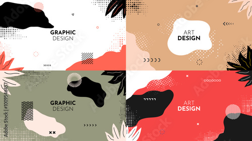 Vector illustration. Drawn horizontal color memphis pattern background. Floral flat style blotches, geometric lines, halftone dots, tropical leaves. Design for web banner, website template, wallpapers