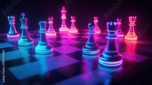 Neon chessboard with glowing pieces, casting colored shadows on a dark surface--great for strategy game visuals or modern art compositions.