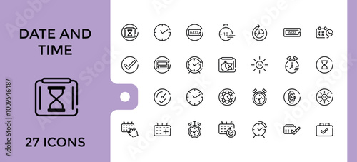 Time and Time clock line icon set, management, calendar, timer, speed, alarm, restore, minimal symbols for web and mobile phone - editable stroke pixel perfect vector illustration.