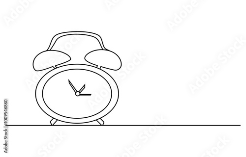 One continuous line drawing of classic analog desk alarm clock with big ring bell to tell the time