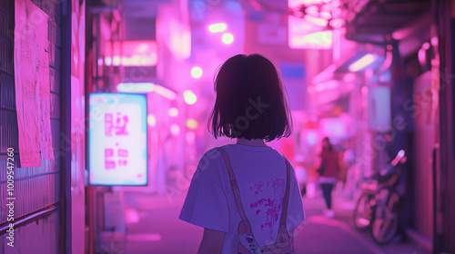 Girl walking in a neon-lit lo-fi city street at night