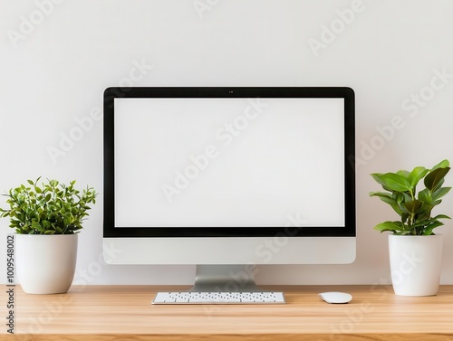 Minimalist bank workspace with white walls, simple wooden desks, and sleek digital workstations, Scandinavian design, soft light, clean lines