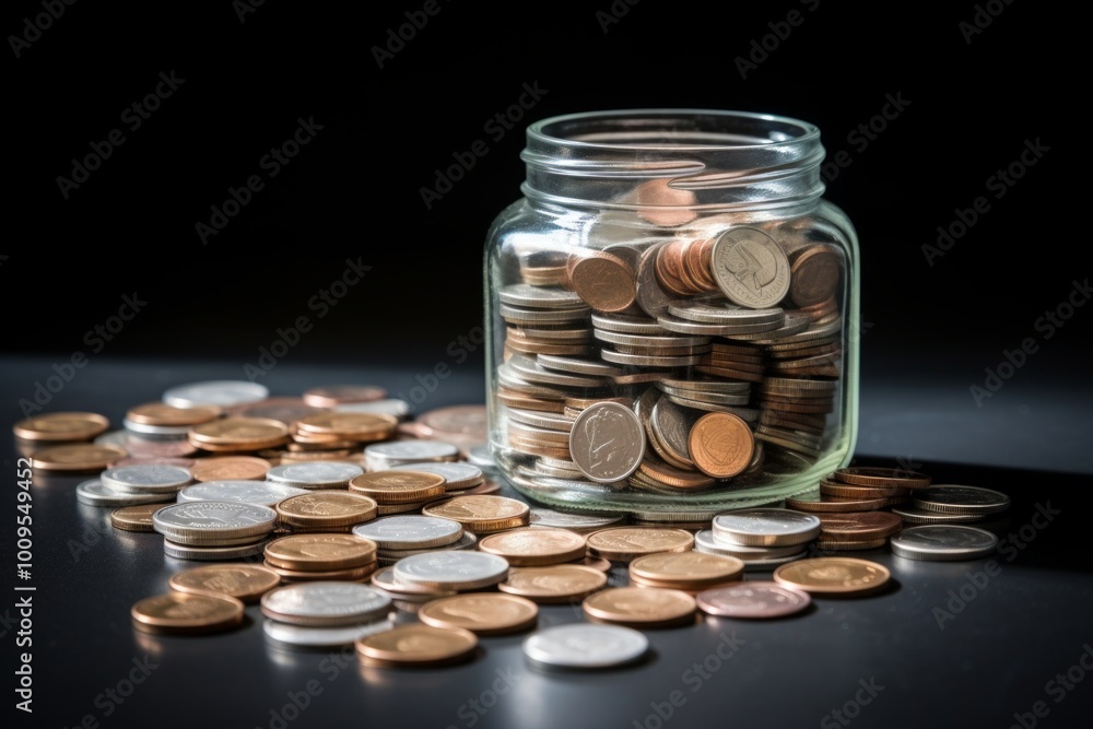 A glass jar filled with various coins reflects spending and saving. A handful of coins lies scattered on a dark surface. The image captures the essence of finance. AI A glass jar filled with various coins reflects spending and saving. A handful of coins lies scattered on a dark surface. The image captures the essence of finance. AI