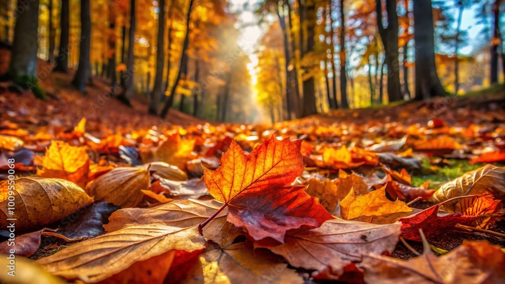 Vibrant Autumn Leaves Falling Gently on a Serene Forest Floor in Golden Light of Late Afternoon Vibrant Autumn Leaves Falling Gently on a Serene Forest Floor in Golden Light of Late Afternoon