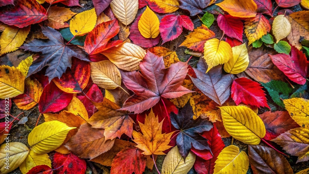 Vibrant autumn leaves scattered on the ground creating a colorful natural carpet in the forest Vibrant autumn leaves scattered on the ground creating a colorful natural carpet in the forest