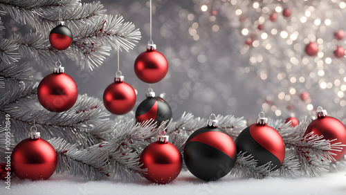 Red and black Christmas ornaments on a frosted tree branch. generative ai.