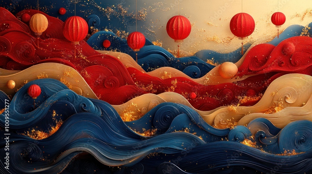 Abstract waves in red and blue with floating lanterns. Abstract waves in red and blue with floating lanterns.
