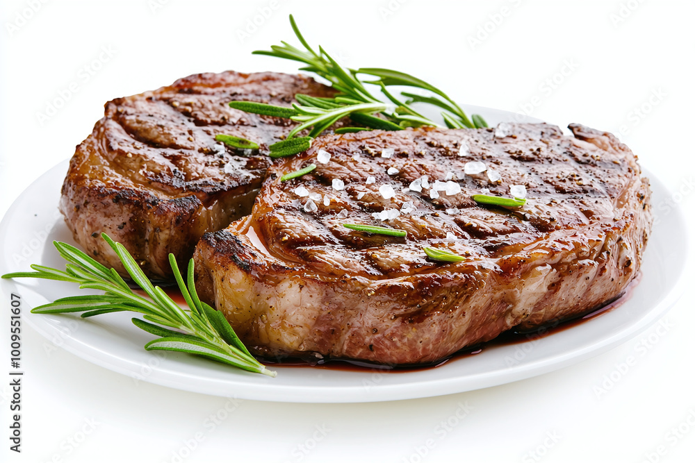 a perfectly seared ribeye steak with a sprinkle of sea salt and fresh herbs, resting on a pristine white plate a perfectly seared ribeye steak with a sprinkle of sea salt and fresh herbs, resting on a pristine white plate