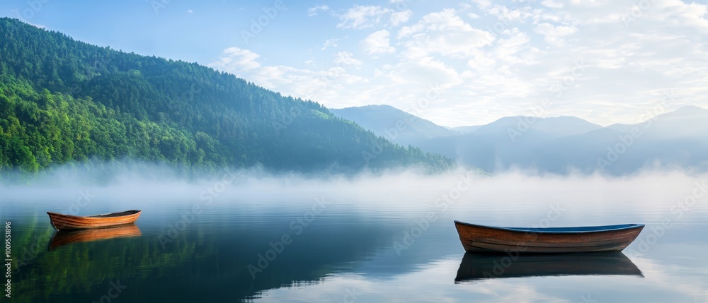 A few boats float on a serene lake Nearby, a verdant hillside is adorned with a forest, its canopy flecked with clouds A few boats float on a serene lake Nearby, a verdant hillside is adorned with a forest, its canopy flecked with clouds