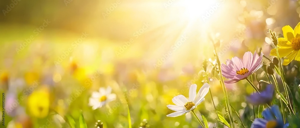 A wildflower field bathed in sunlight, trees framing the backdrop, grass in the foreground A wildflower field bathed in sunlight, trees framing the backdrop, grass in the foreground
